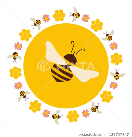 Bee in flolar wreath. Honey and flowers. Bee in flolar wreath. Honey and flowers. 125737847