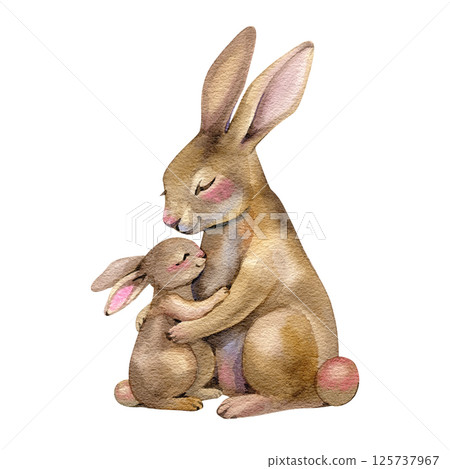 Watercolor cute hares - mom and her baby. Hand drawn illustration isolated 125737967
