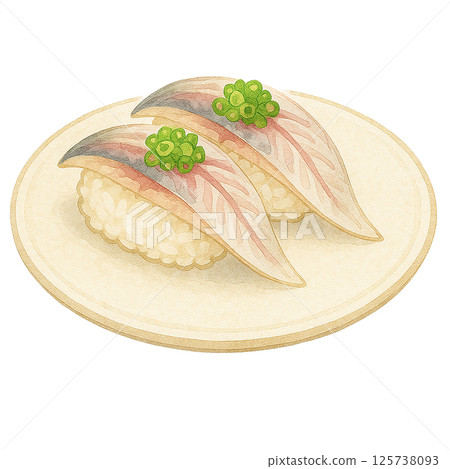 竹莢魚握壽司插圖（2張）|水彩風格，竹莢魚，藍魚，配調味品，白色背景 125738093