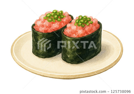 Negitoro軍艦卷插圖(2張) |水彩風格,壽司,海鮮,白色背景 Negitoro軍艦卷插圖(2張) |水彩風格,壽司,海鮮,白色背景 125738096
