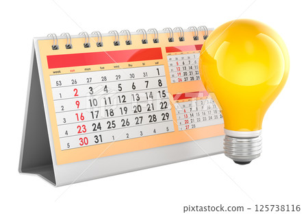 Desk calendar with yellow light bulb. 3D rendering Desk calendar with yellow light bulb. 3D rendering 125738116