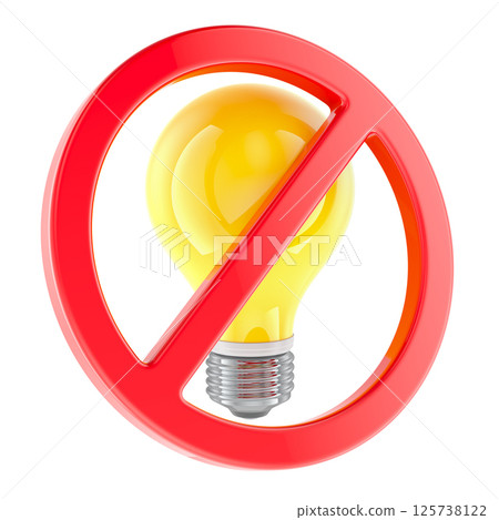 Lightbulb with forbidden sign, prohibition symbol. Power outage, concept. 3D rendering Lightbulb with forbidden sign, prohibition symbol. Power outage, concept. 3D rendering 125738122