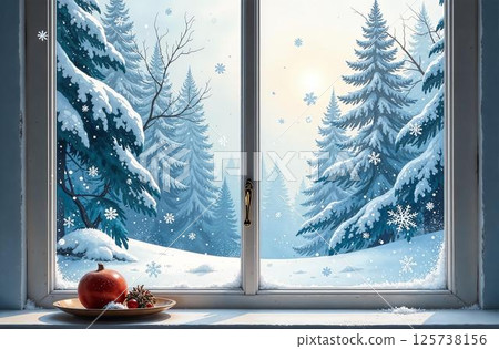 Windowsill inside house, outside window winter, Christmas tree. AI-generated Windowsill inside house, outside window winter, Christmas tree. AI-generated 125738156