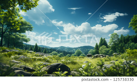 Green natural grass and trees in the forest. Concept green energy ecology and environmental care Green natural grass and trees in the forest. Concept green energy ecology and environmental care 125738330
