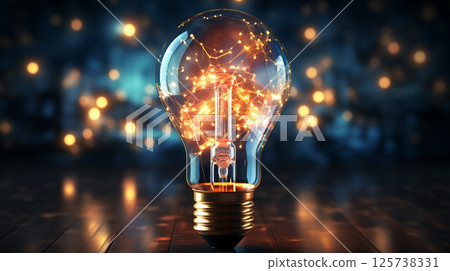 A burning light bulb with a coiled filament. Modern technology concept 125738331