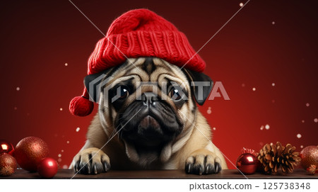 Pug dog in festive Santa Claus hat for New Year and Christmas Pug dog in festive Santa Claus hat for New Year and Christmas 125738348