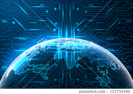 Global network and digital connectivity concept with glowing Earth and circuit lines, vector image 125738390