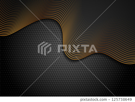 Black metallic perforated background with golden refracted wavy pattern Black metallic perforated background with golden refracted wavy pattern 125738649