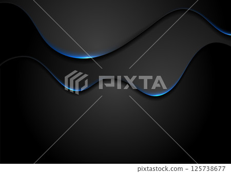 Black smooth elegant waves with blue neon light abstract background 125738677