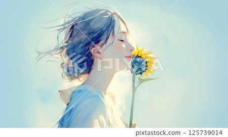 一個女人用向日葵 125739014