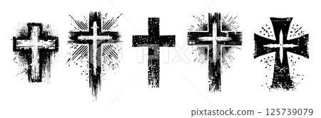 Grunge Christian Cross Set with Distressed Texture and Ink Splash Effects for Religious and Gothic 125739079