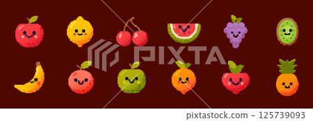 Cute pixel fruit set apple lemon cherry. Pixel character fruit watermelon kiwi and orange. 125739093