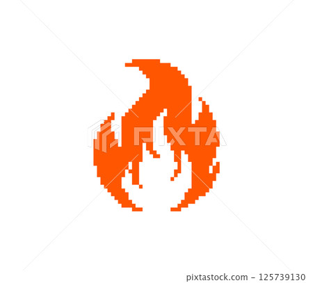 Pixel fire icon. Retro-style flame graphic orange and yellow fire gradient pixel art design. 125739130