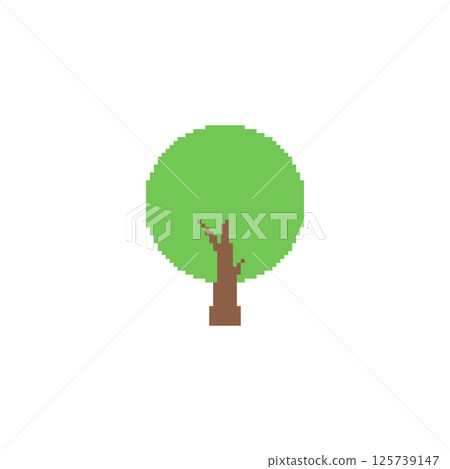 Simple pixelated tree icon. Minimalistic pixel art tree with green leaves and a brown trunk. 125739147