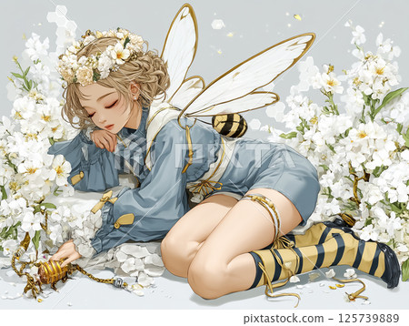睡在花田裡的蜜蜂仙子的插圖素材 125739889