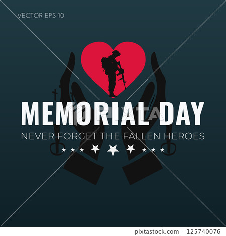 Memorial Day red heart held by hands with soldier silhouette 125740076