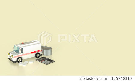 The Ambulance truck and coins for Health or hospital concept 3d Rendering. 125740319