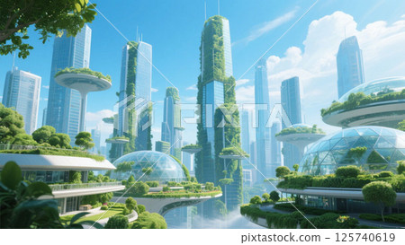 Distant view of a futuristic city with skyscrapers 125740619