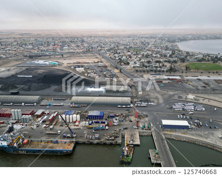 Aerial view of the port of Walvis Bay with the Namib Desert in the background Aerial view of the port of Walvis Bay with the Namib Desert in the background 125740668
