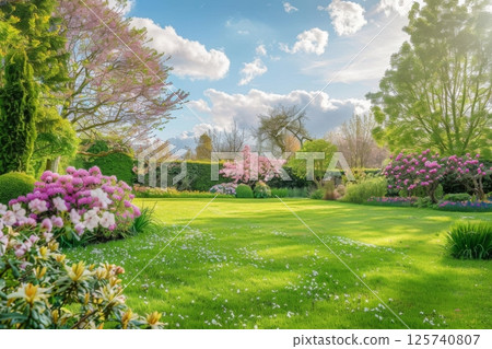 A lush green lawn with a hedge and a row of pink flowers 125740807