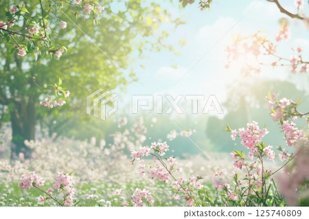 A lush green lawn with a hedge and a row of pink flowers 125740809