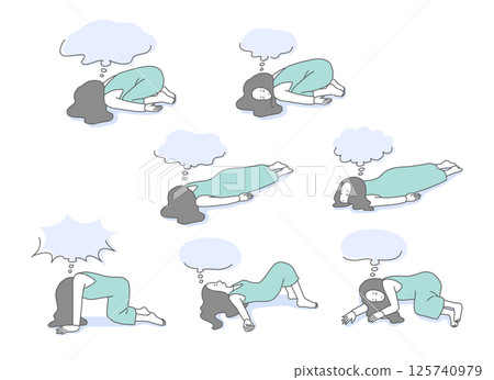 Illustration set of a depressed woman with speech bubble 125740979