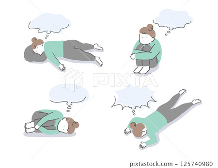 Illustration set of a woman thinking in various positions with speech bubbles 125740980