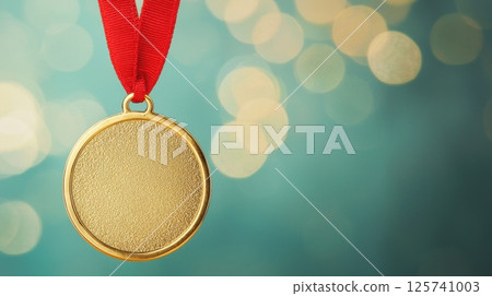 A gold medal with a red ribbon hanging from it 125741003