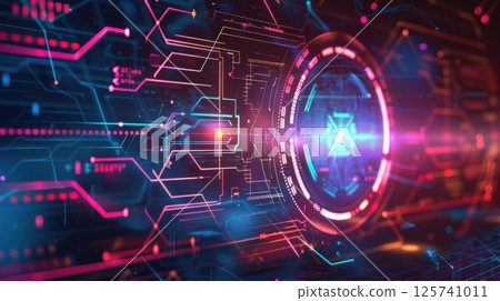 A colorful image of a glowing circle with a blue center 125741011
