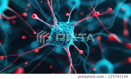 A close up of a brain cell with red and blue colors A close up of a brain cell with red and blue colors 125741144