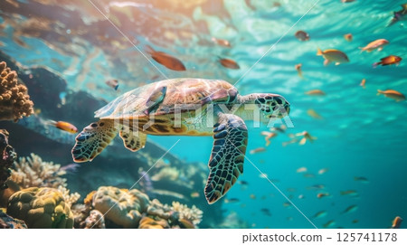 Sea Turtle Gliding Through Colorful Coral Reef 125741178