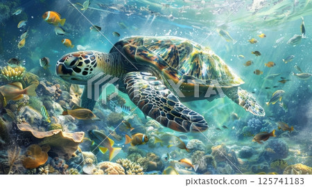 Sea Turtle Swimming Through Vibrant Coral Reef 125741183