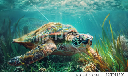 Sea Turtle Swimming Over Coral Reef 125741201