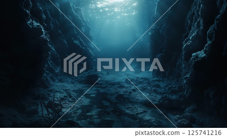 A dark, murky underwater cave with a skeleton in the foreground 125741216