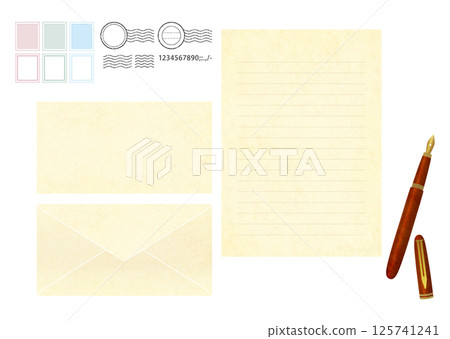 Letter paper, envelope and fountain pen Illustration of a letter 125741241