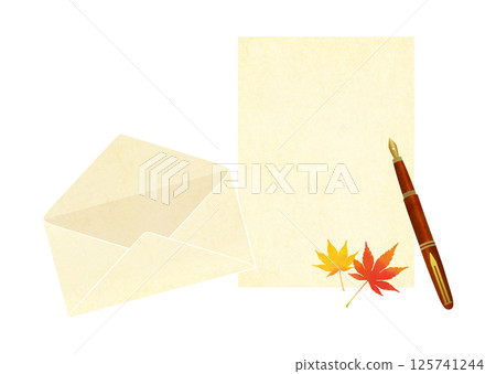 Illustration of a letter with maple leaves, letter paper and envelope 125741244