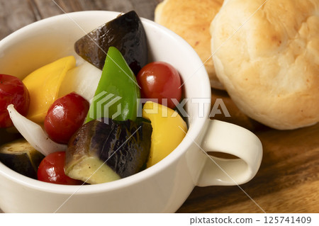 Summer vegetable ratatouille and bread Summer vegetable ratatouille and bread 125741409