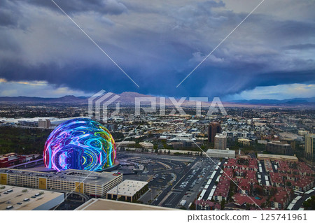 Aerial of Neon Sphere and Las Vegas Cityscape at Dusk Aerial of Neon Sphere and Las Vegas Cityscape at Dusk 125741961