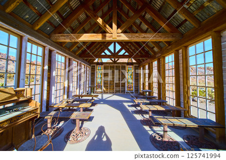 Rustic Wooden Chapel with Stained Glass Interior Perspective Rustic Wooden Chapel with Stained Glass Interior Perspective 125741994