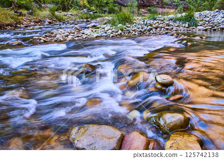 Flowing River in Golden Light Zion National Park Eye-Level Perspective 125742138