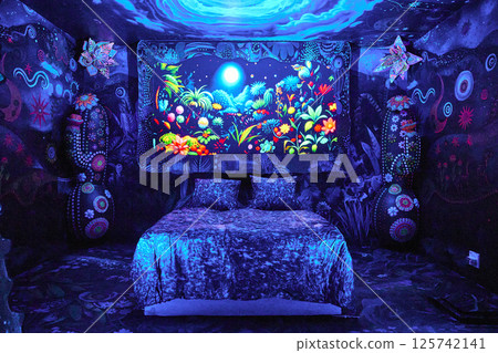 Psychedelic Neon Bedroom with Luminescent Art Eye-Level View 125742141