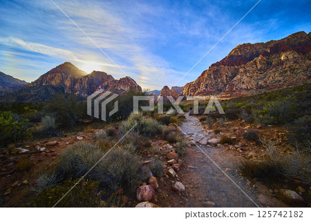 Majestic Red Rock Canyon Pathway in Golden Light Perspective Majestic Red Rock Canyon Pathway in Golden Light Perspective 125742182