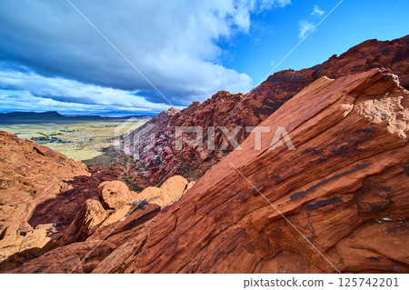 Red Rock Canyon Sandstone Cliffs with Overcast Sky from Elevated View 125742201