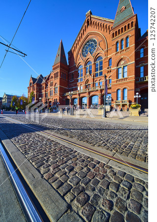 Cincinnati Music Hall Historic Facade with Cobblestone Street Perspective Cincinnati Music Hall Historic Facade with Cobblestone Street Perspective 125742207