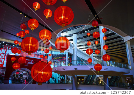 Red Lanterns in Modern Mall Festivity Eye-Level View 125742267