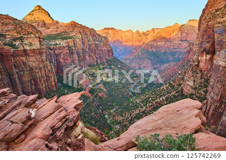 Zion National Park Golden Cliffs and Winding Road at Sunrise High Vantage 125742269