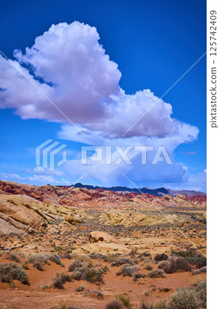 Desert Sandstone Formations Under Blue Sky and Clouds Eye Level View 125742409