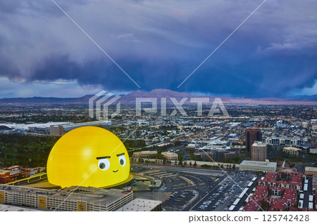 Aerial Las Vegas Sphere with Cartoon Face at Dusk 125742428
