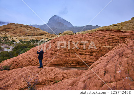 Red Rock Canyon Sandstone Formations with Adventurer Low Angle View 125742498