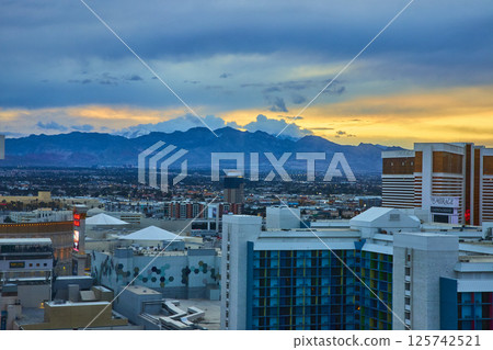 Las Vegas Mirage Resort at Sunset with Mountain Backdrop Aerial 125742521